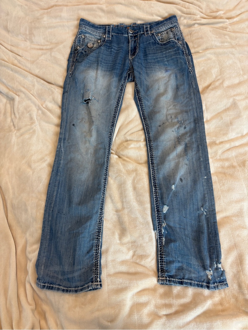 Men's Distressed Rock Revival Blue Denim Jeans